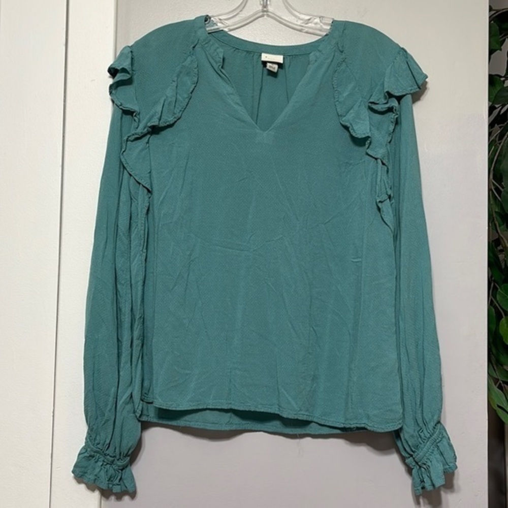 A New Day Teal‎ Green Ruffle V Neck Long Sleeve Blouse Women's Size M